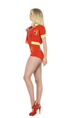Side of Baywatch red and yellow swimsuit with jacket and Baywatch logos