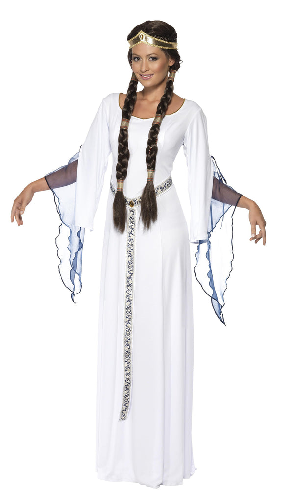 Long white medieval dress with gold headpiece