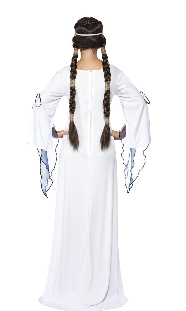 Back of long white medieval dress with gold headpiece