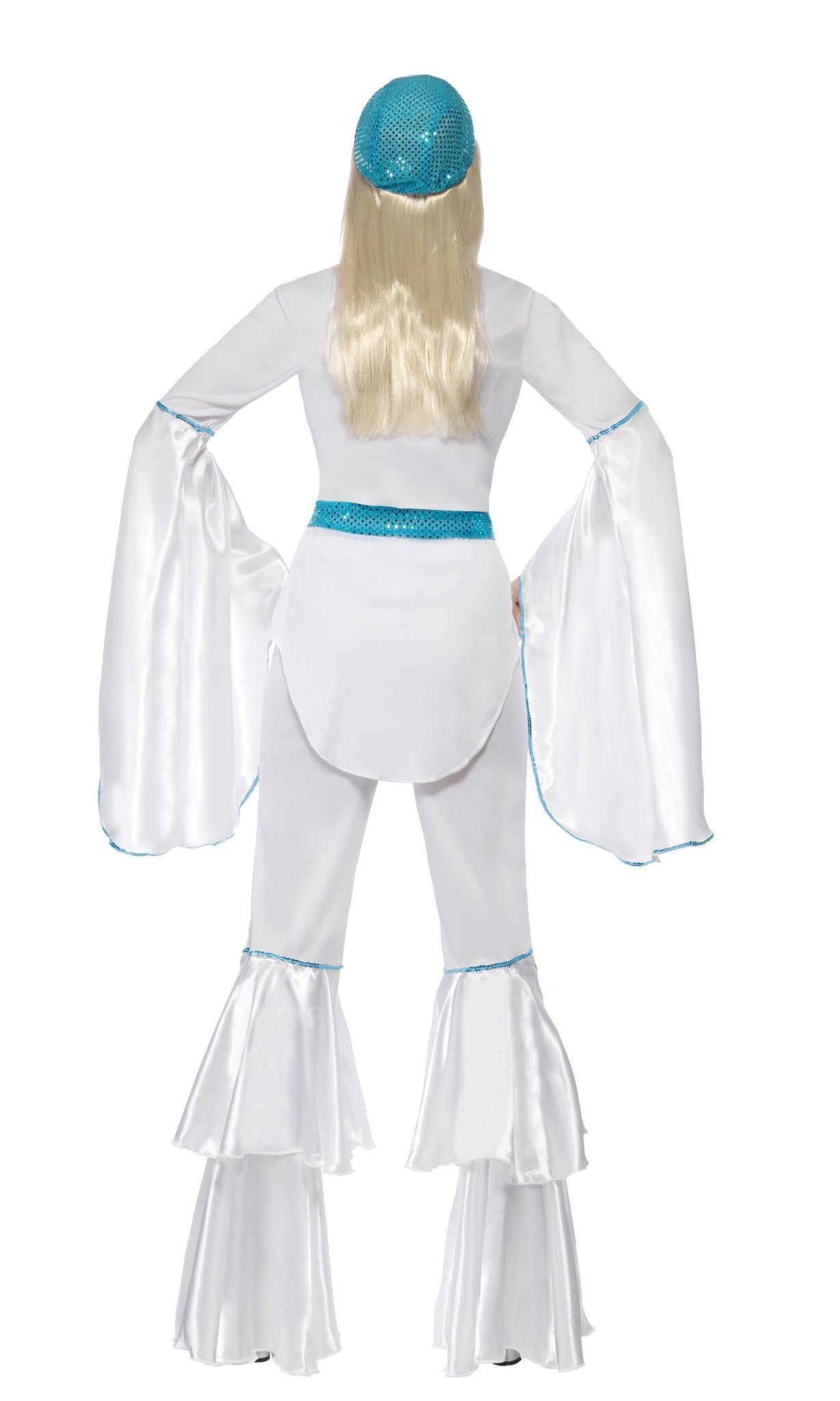 Back of woman's white Back of Abba style costume with blue belt and hat