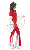 Side of long red and white women's Super Trooper top and pants with headband
