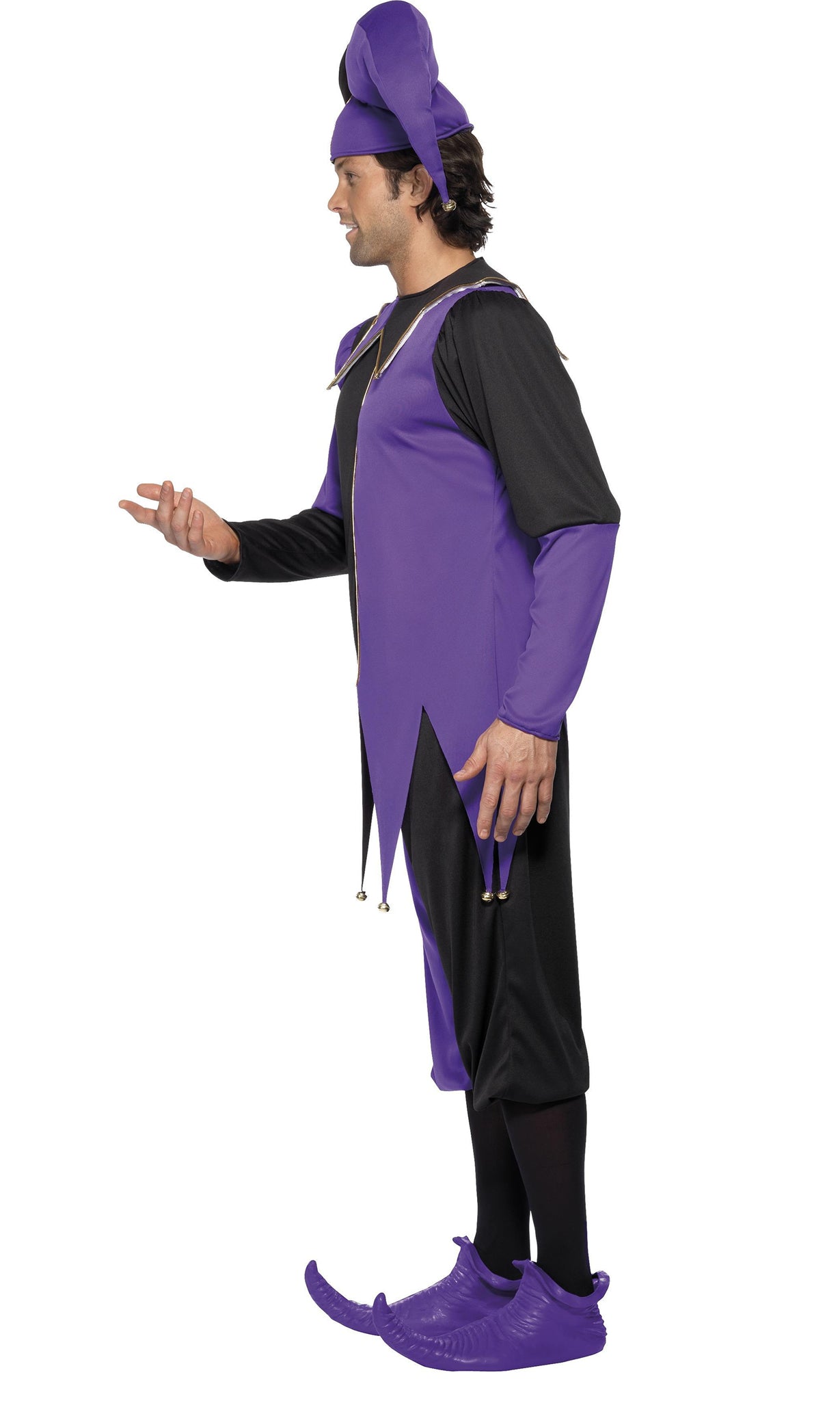 Side of purple and black jester costume with 3/4 pants and matching hat