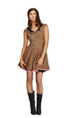 A woman modeling a brown costume dress with a square neckline, three-quarter sleeves, and a pleated skirt, accessorized with a scarf and petticoat but not wearing boots, fishnets, garter, guns, or hat.