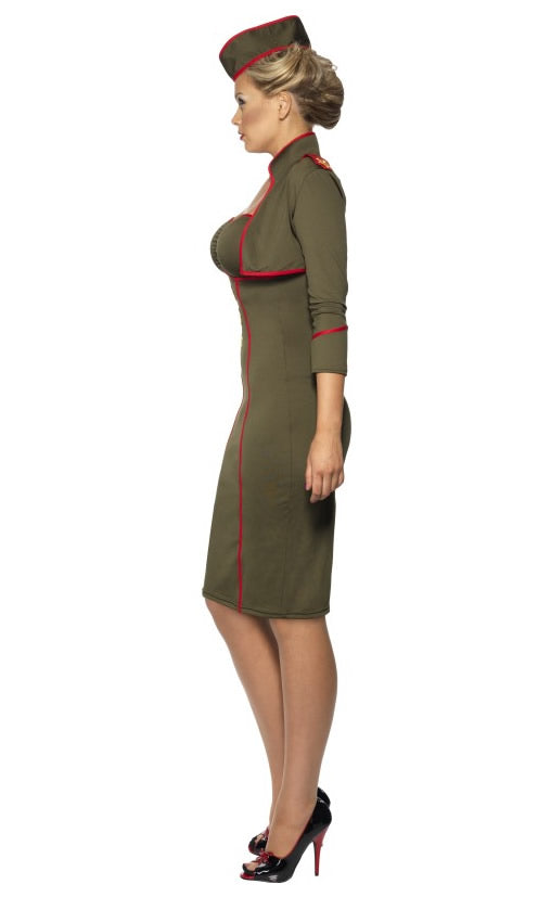 Side of army girl khaki strapless dress and crop top with red stripes and matching hat