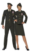Side of green military officer costume with beret, jacket, mock shirt and tie, belt and pants next to partner