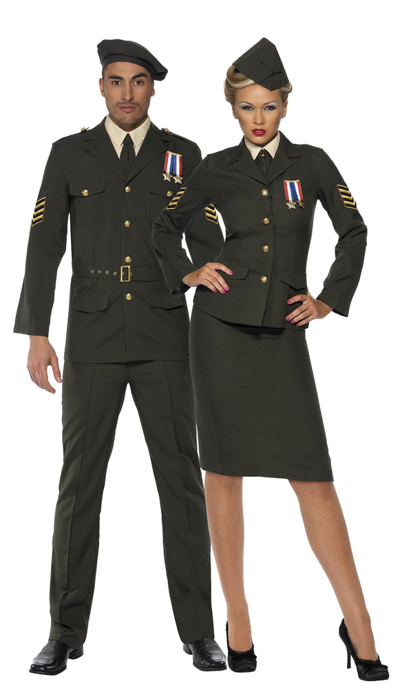 Side of green military officer costume with beret, jacket, mock shirt and tie, belt and pants next to partner