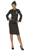 Green women's wartime officer costume with hat, skirt, jacket with medals and mock shirt with tie