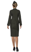 Back of green women's wartime officer costume with hat, skirt and jacket