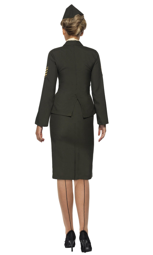 Back of green women's wartime officer costume with hat, skirt and jacket