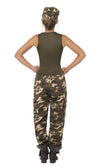 Back of woman's camouflage  pants with hat and green top