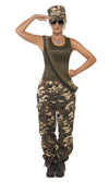 Woman's camouflage pants with hat and green top in saluting pose