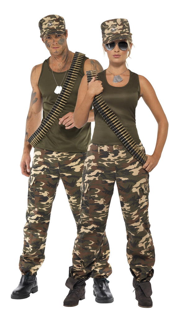 Woman's camouflage pants with hat and green top, next to matching male