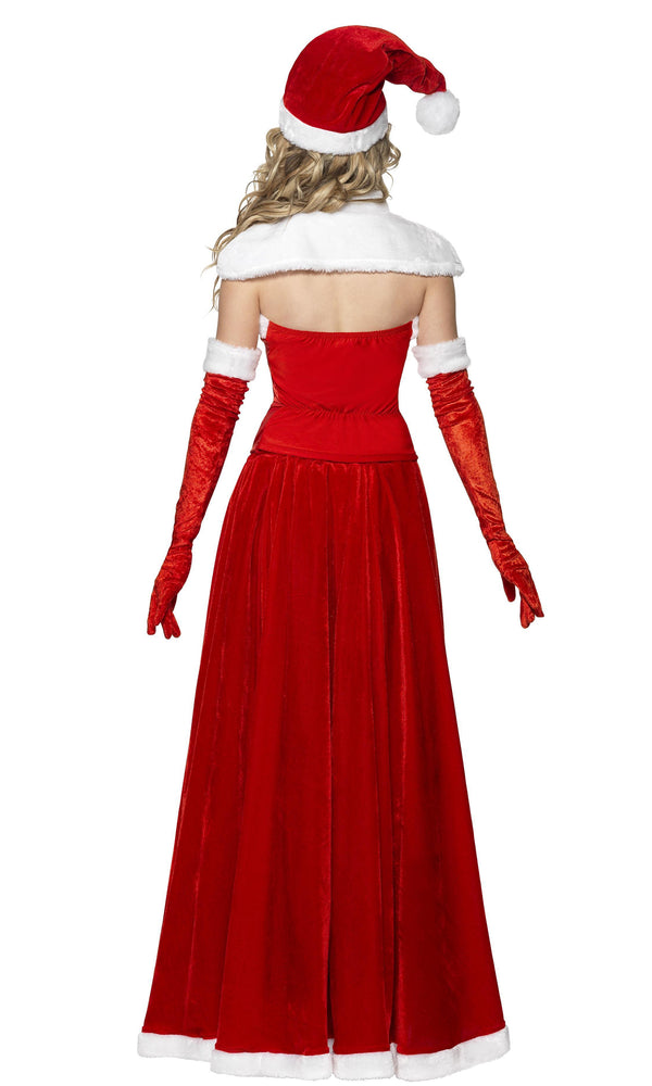 Back of long red santa dress with strapless corset, hat and gloves
