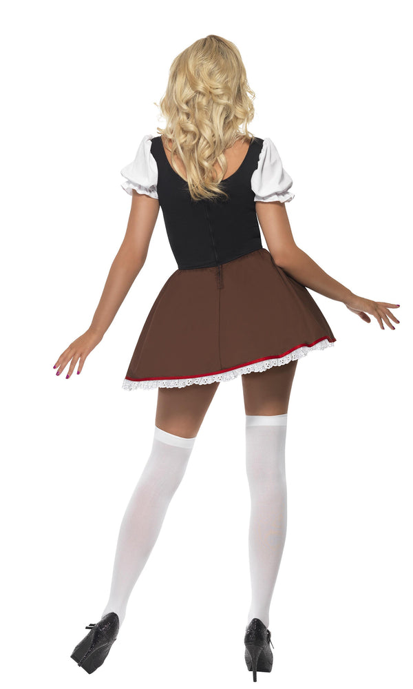 Back of short brown Oktoberfest dress with heart logos