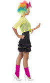 Side of 80s pop dress with green mesh top, headband, leg warmers and neon necklace