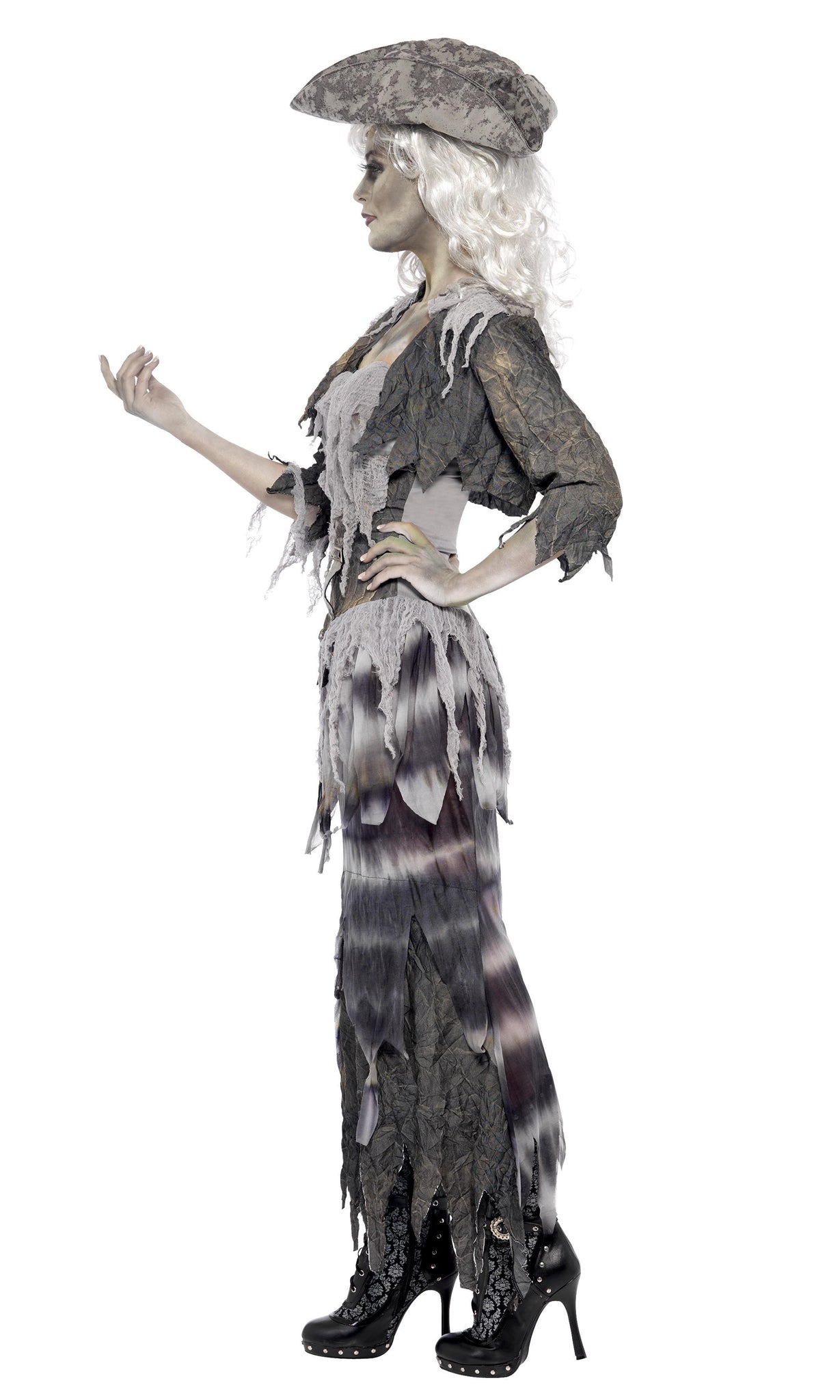 Side of grey zombie pirate skirt and top with mini jacket and pirate hat