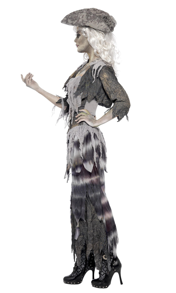Side of grey zombie pirate skirt and top with mini jacket and pirate hat