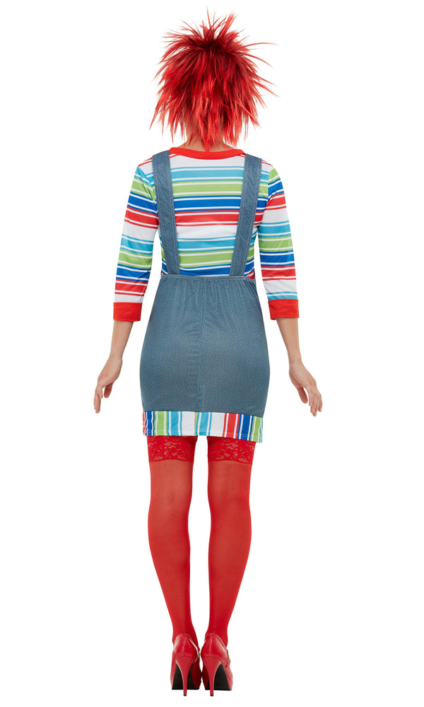 Back of Childs Play Chucky costume dungarees, top and red wig