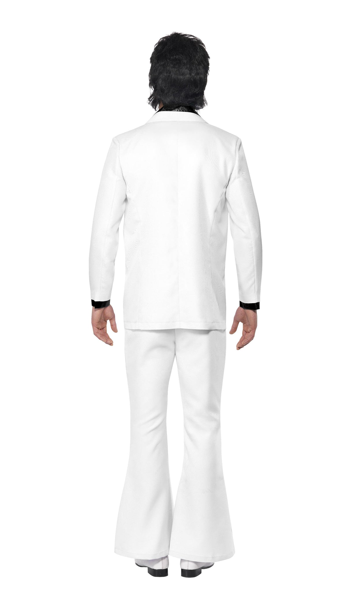 Back of men's white disco fever costume with white jacket and attached vest, and black collar trim
