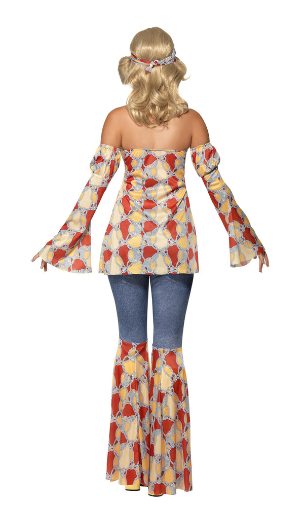 Back of hippy style halterneck top with flared pants and matching headband