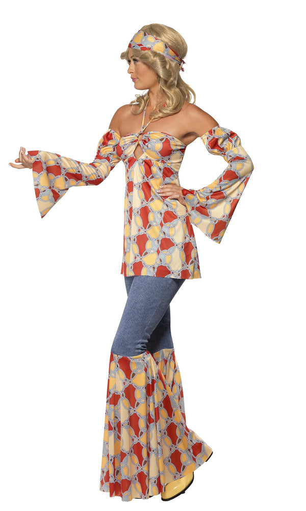 Side of hippy style halterneck top with flared pants and matching headband