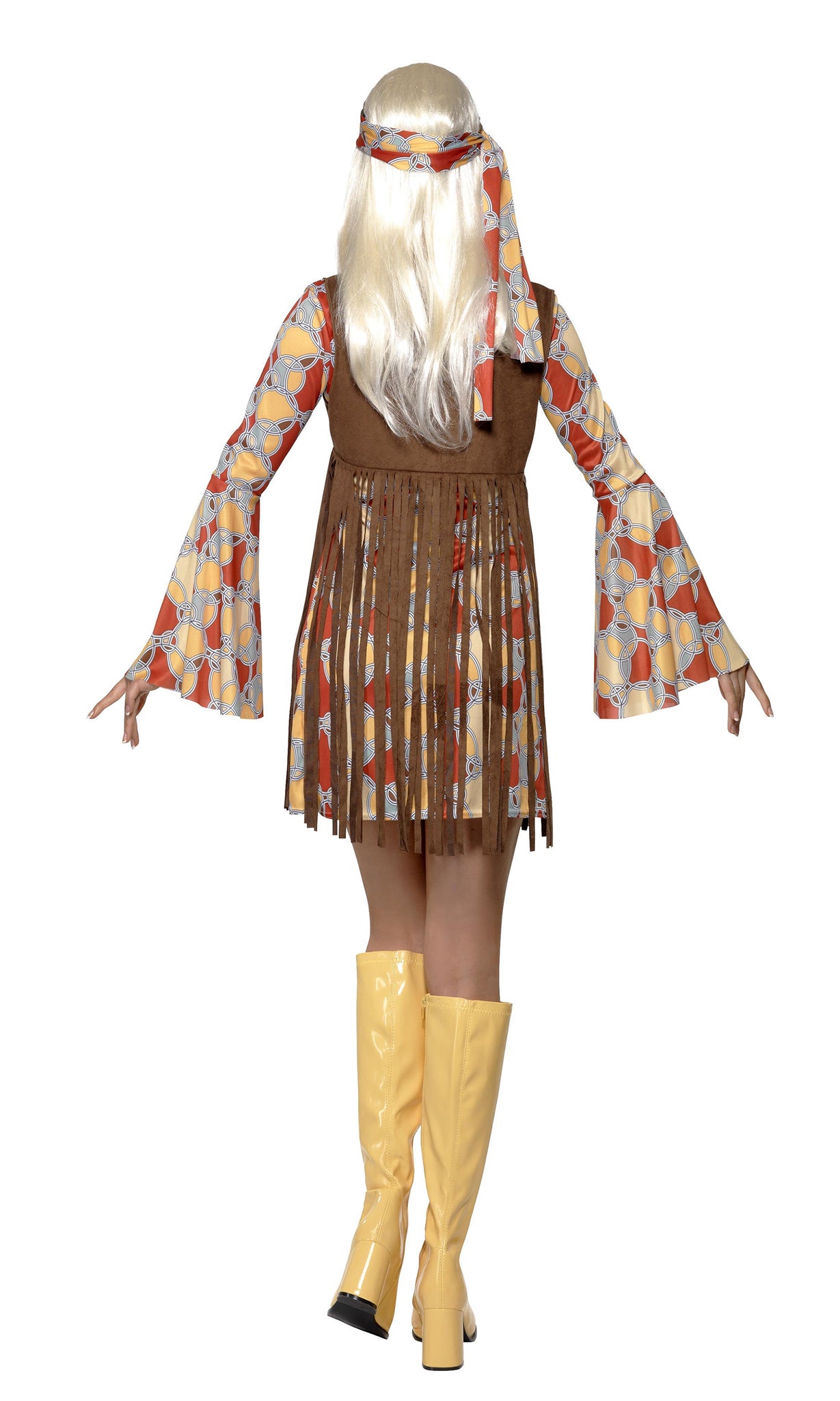 Back of short hippie dress with brown tassels and headband