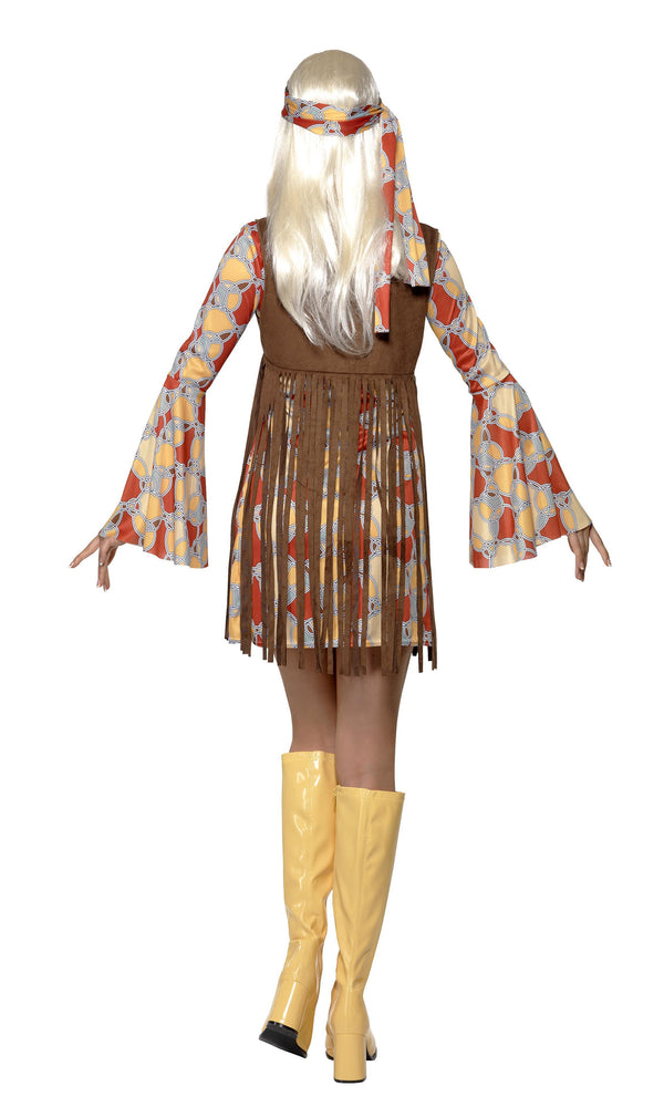 Back of short hippie dress with brown tassels and headband