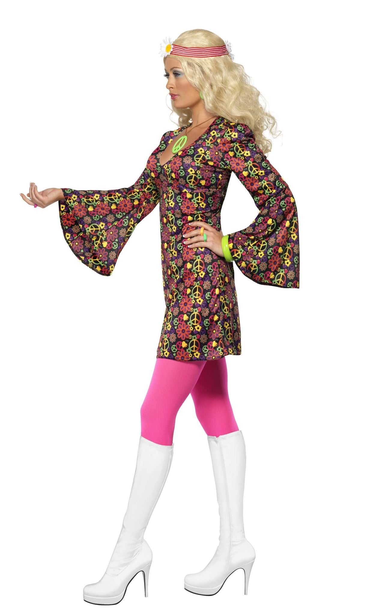 Side of short 60s dress with flared sleeves and peace signs