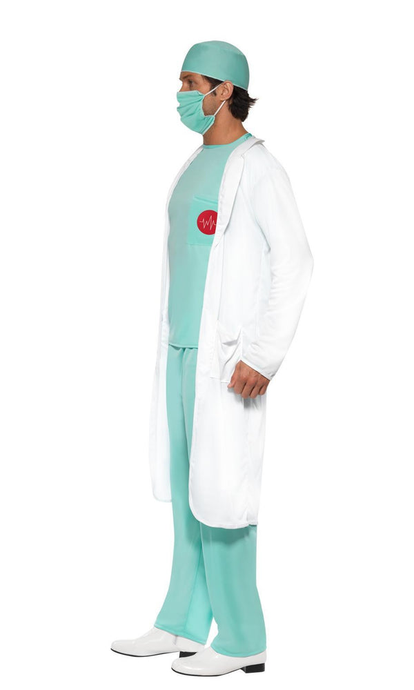 Side of ER doctors uniform, hat and mask in green with white coat