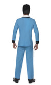 Back of blue teddy boy suit with shirt front and pink tie