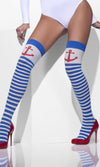 White stockings with blue stripes and red anchors