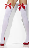 White thigh high stockings with red bow shown by a woman in a wide stance