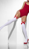 White thigh high stockings with red bow worn by a woman in a red bodysuit