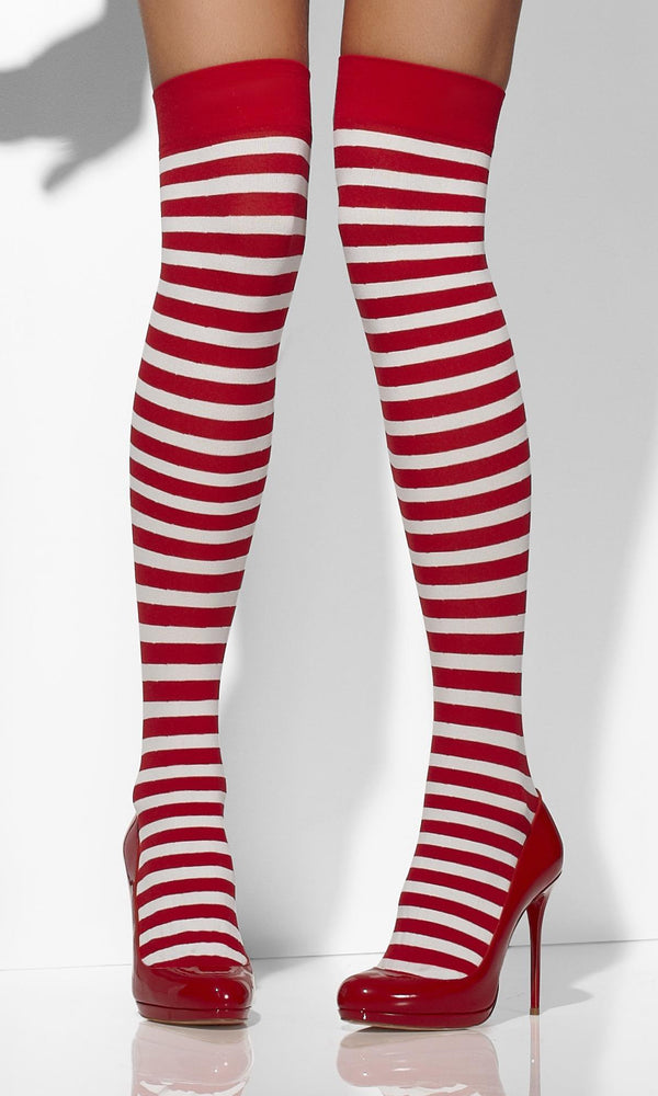 Red & white striped thigh high stockings worn with red high heels.