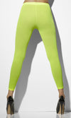 A pair of neon green footless tights, shown from the back, displayed against a white background.