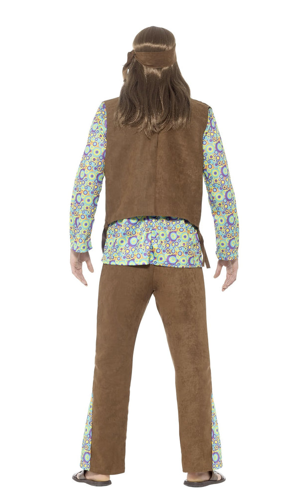 Back of men's hippy costume with brown waistcoat with tassels, head band, medallion and pants