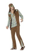 Side of men's hippy costume with brown waistcoat with tassels, head band, medallion and pants