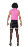 Back of pink and black Freddie Mercury drag costume with black wig