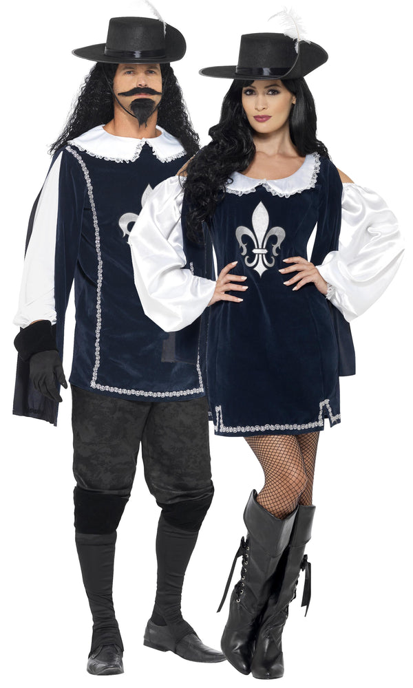 Blue musketeer costume top, hat, gloves and boot covers with partner
