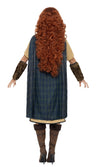 Back view of a woman modeling a Scottish warrior costume with a beige dress, blue cape and arm cuffs.