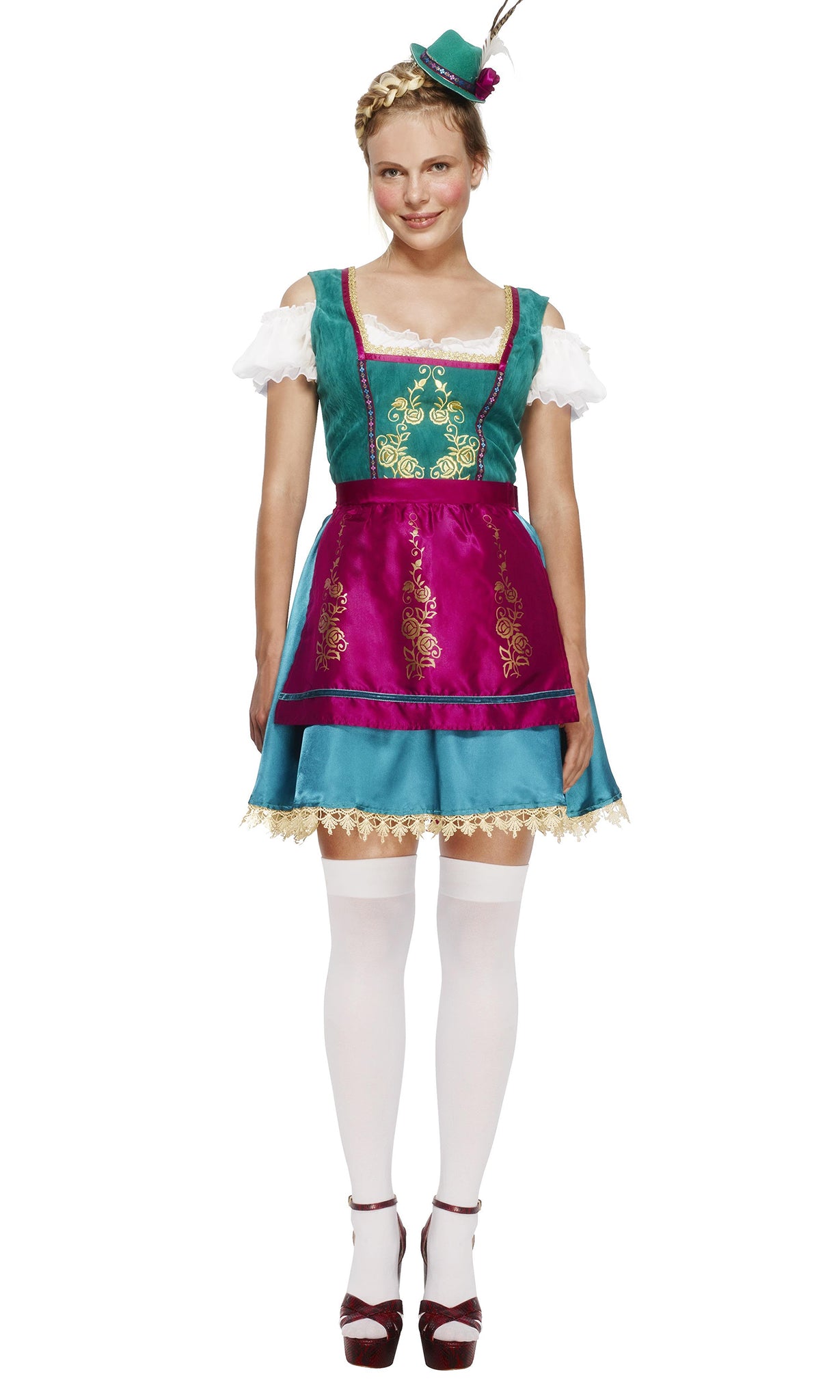 Short turquoise green lace trim dress with petticoat and pink apron, with green mini hat