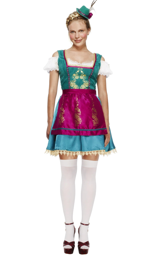 Short turquoise green lace trim dress with petticoat and pink apron, with green mini hat