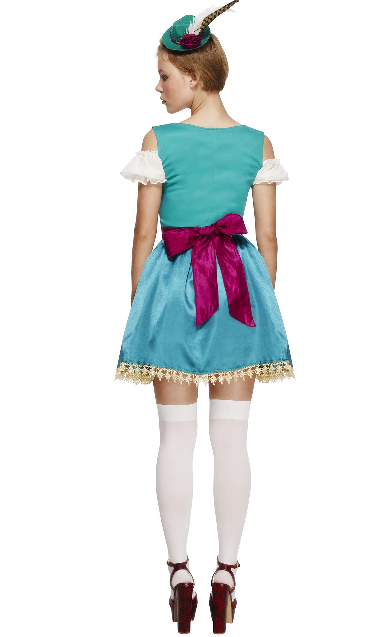 Back of turquoise green lace trim dress with petticoat and pink apron, with green mini hat