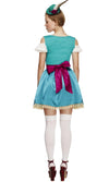 Back of turquoise green lace trim dress with petticoat and pink apron, with green mini hat