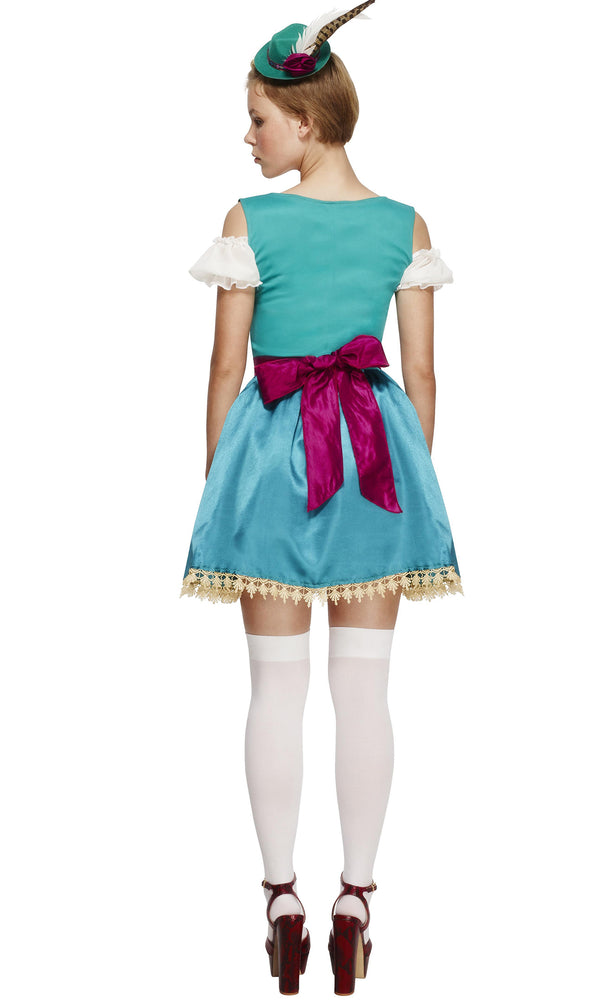 Back of turquoise green lace trim dress with petticoat and pink apron, with green mini hat