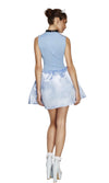 Back of short blue princess dress with mini tiara