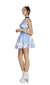 Side of short blue princess dress with mini tiara