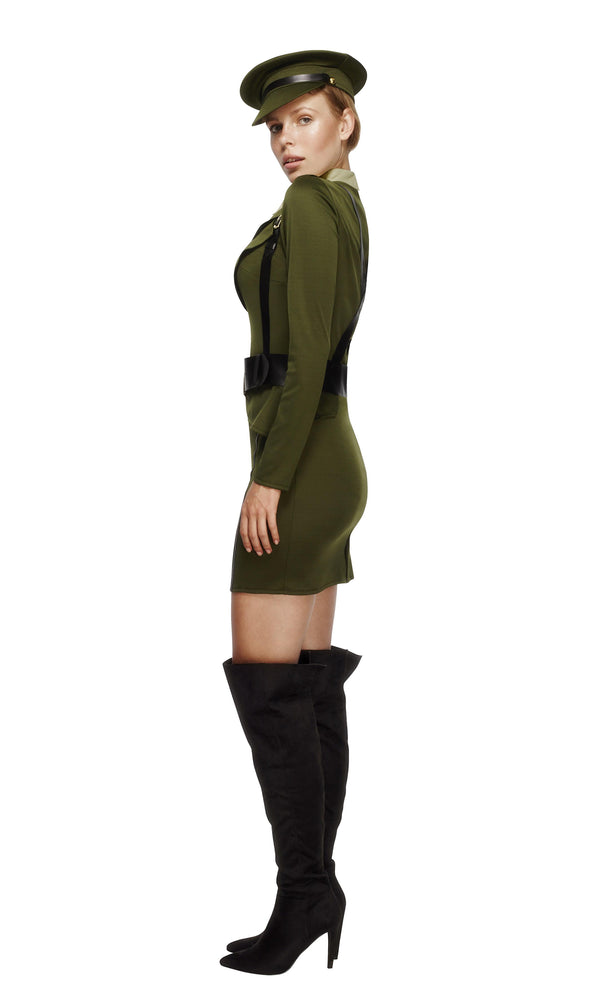 Side of short green army captain costume with body harness belt and hat