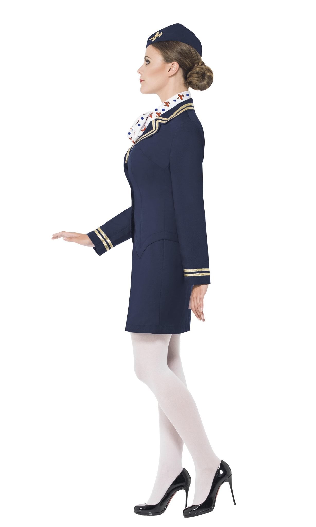Side of blue airway attendant jacket, skirt, neck scarf and hat with plane logo