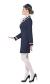 Side of blue airway attendant jacket, skirt, neck scarf and hat with plane logo